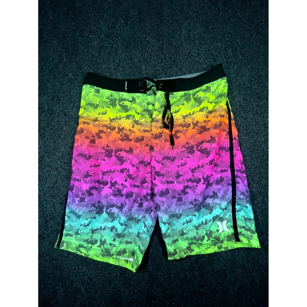 Hurley Board Shorts Men 20/30 Multicolor Rainbow Camo Drawstring Waist Swim Surf